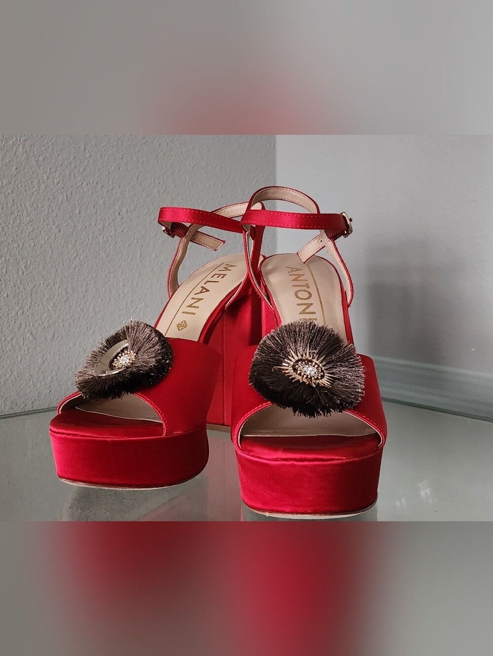 Melani Red Velvet Platform Sandals with Decorative Fringe
